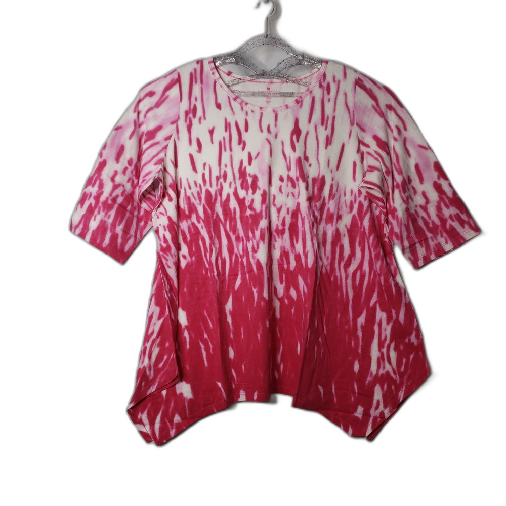 WOMAN WITHIN Hot Pink White Tie Dye Crew Neck T Shirt Womens Plus Size 1X NEW